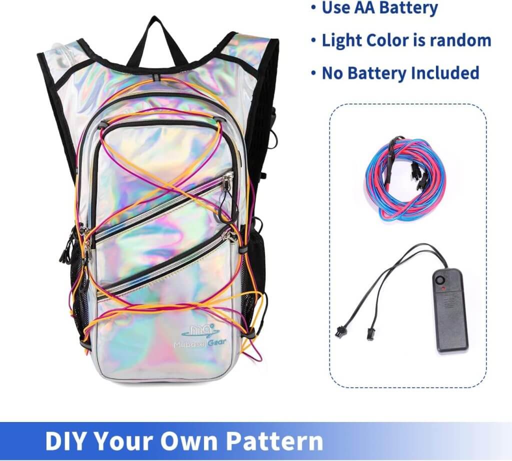 Hydration Backpack with Cool LED Lights, Hydration Pack with 2 Liter Bladder, Fun and Colorful Bag for Running, Hiking, Climbing, Urban Music Festivals, and Raves.