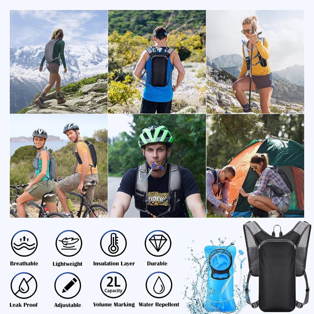 Hydration Pack Hydration Backpack Vest with Water Bladder 2L, Daypack Adjustable Water Backpack Lightweight Insulated Rucksack Backpack for for Running Cycling Biking Hiking Climbing