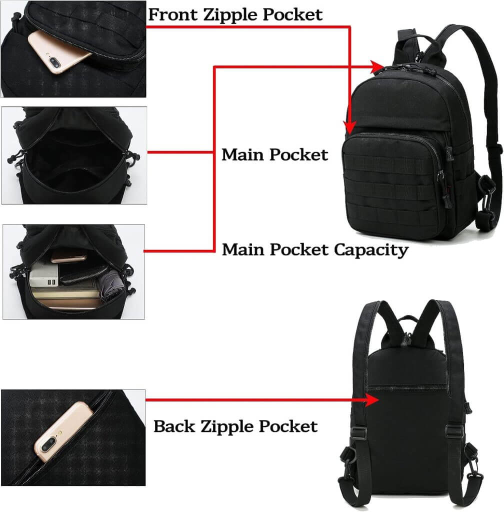Mini Tactical Backpack, 6L Small Sling Backpacks Shoulder Bag For Running Travel Daypack with Carabiner For Men Women